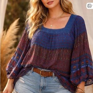 Marisol Blue Red Boho Peasant Tunic Blouse.